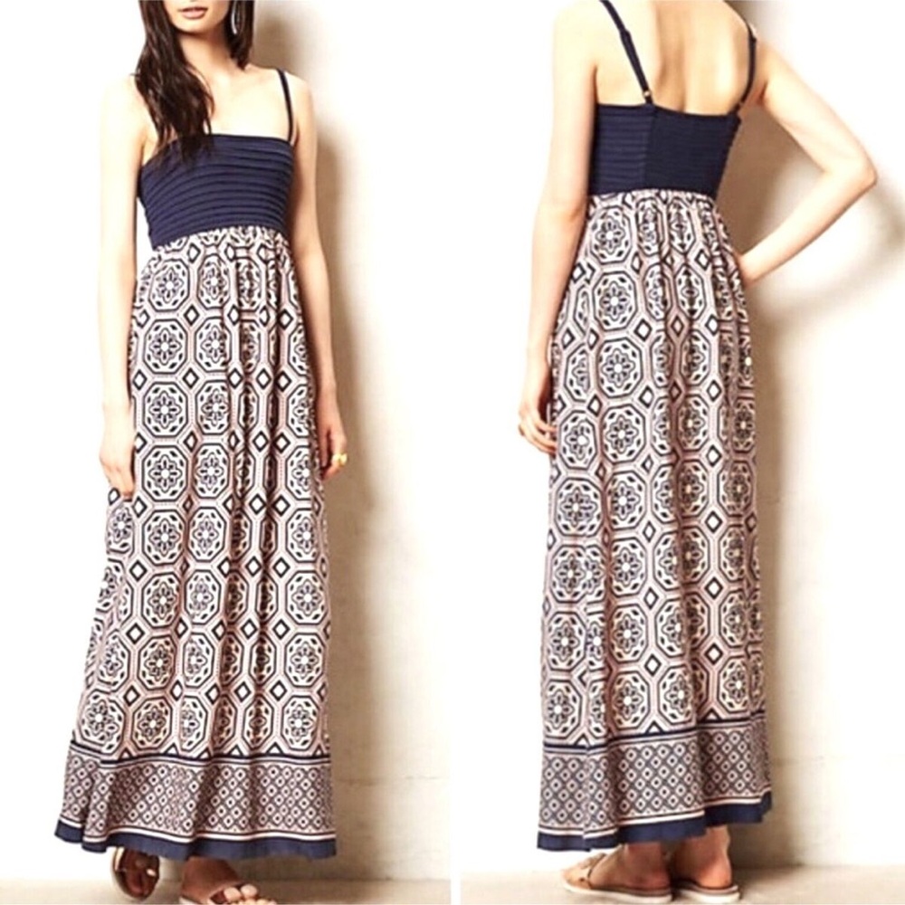 Anthropologie dress Lilka scarf printed maxi Strappy navy blue mosaic
